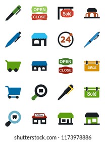 Color and black flat icon set - 24 around vector, shop, pen, store, search cargo, sale, sold signboard, cafe building, open close, cart, storefront