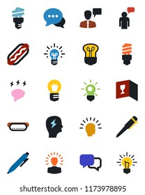 Color and black flat icon set - speaking man vector, pen, brainstorm, bulb, dialog, wine card, hot dog, energy saving, shining head, idea