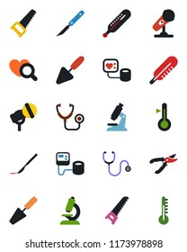Color and black flat icon set - trowel vector, pruner, saw, stethoscope, blood pressure, thermometer, heart diagnostic, microscope, scalpel, microphone