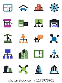 Color and black flat icon set - hierarchy vector, well, molecule, hospital, office building, garage, plan, home message