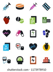 Color and black flat icon set - heart pulse vector, diagnosis, syringe, blood pressure, pills, blister, tomography, real, clipboard, hospital