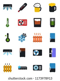 Color and black flat icon set - thermometer vector, heater, air conditioner, fridge, drink, beer, snowflake
