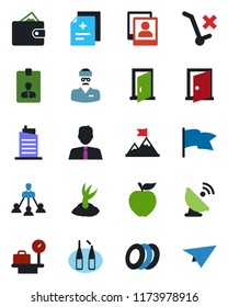 Color and black flat icon set - luggage scales vector, identity card, sproute, diagnosis, ampoule, doctor, no trolley, satellite antenna, photo gallery, hierarchy, estate agent, city house, plates