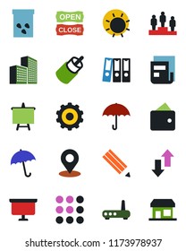 Color and black flat icon set - umbrella vector, gear, pedestal, presentation board, sun, seeds, rca, menu, data exchange, place tag, office building, news, paper binder, pencil, open close, router