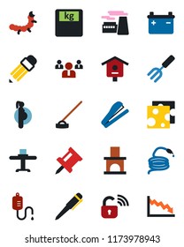 Color and black flat icon set - team vector, pen, factory, garden fork, hose, hoe, fireplace, caterpillar, bird house, dropper, scales, pregnancy, drawing pin, pencil, stapler, restaurant table