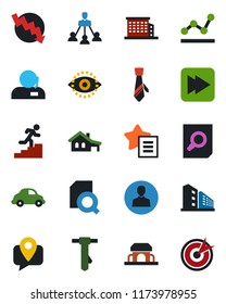 Color and black flat icon set - document search vector, tie, crisis graph, mobile tracking, car delivery, favorites list, fast forward, user, eye id, support, point, hierarchy, career ladder, cafe