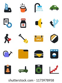 Color and black flat icon set - shower vector, job, document reload, watering can, pills bottle, route, car delivery, shield, radio phone, speaker, folder, coffee, manager, sale, hamburger, router