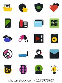 Color and black flat icon set - trash bin vector, clouds, circle chart, heart, pills, traffic light, support, cell phone, radio, speaker, mail, video, document folder, chip, router, home protect
