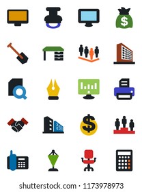 Color and black flat icon set - office building vector, dollar sign, pedestal, pennant, team, desk, money bag, job, statistic monitor, printer, phone, document search, ink pen, chair, handshake