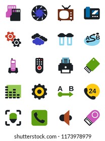 Color and black flat icon set - clouds vector, gear, office phone, 24 hours, route, speaker, equalizer, call, mobile camera, sd, face id, printer, tv, remote control, intercome, water filter