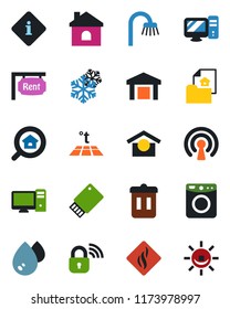 Color and black flat icon set - house vector, warehouse storage, estate document, rent, search, bathroom, wireless lock, snowflake, pc, water, washer, smoke detector, warm floor, trash bin