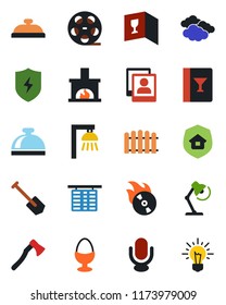 Color and black flat icon set - reception bell vector, clouds, flight table, job, fence, axe, reel, flame disk, microphone, protect, photo gallery, desk lamp, fireplace, estate insurance, wine card