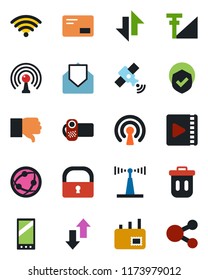 Color and black flat icon set - shield vector, antenna, satellite, video camera, network, finger down, mail, mobile, data exchange, lock, cellular signal, wireless, trash bin, social media