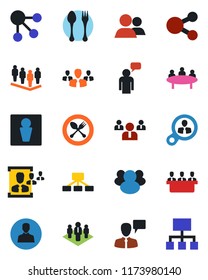 Color and black flat icon set - spoon and fork vector, male, speaking man, team, meeting, group, user, hr, company, consumer search, social media, hierarchy