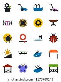 Color and black flat icon set - cafe vector, sun, flower in pot, lawn mower, butterfly, lady bug, pond, picnic table, brightness, pool, alcove