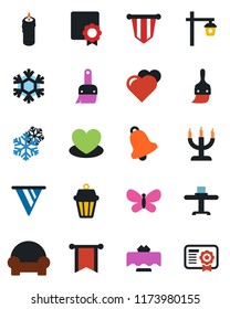 Color and black flat icon set - pennant vector, butterfly, garden light, heart, themes, bell, sertificate, cushioned furniture, restaurant table, candle, snowflake, outdoor lamp, pennon, certificate