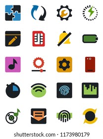 Color and black flat icon set - phone back vector, update, settings, stopwatch, mail, scanner, sim, notes, wireless, mute, brightness, fingerprint id, music, battery, charge, application, root setup