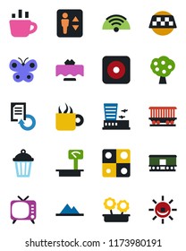 Color and black flat icon set - taxi vector, elevator, airport building, coffee, document reload, butterfly, garden light, railroad, heavy scales, tv, rec button, application, fruit tree, mountains