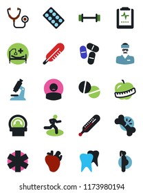 Color and black flat icon set - stethoscope vector, thermometer, microscope, pills, blister, tomography, ambulance star, barbell, run, hospital bed, real heart, tooth, broken bone, pulse clipboard