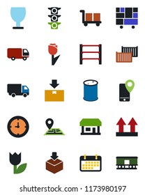 Color and black flat icon set - navigation vector, store, traffic light, mobile tracking, cargo container, car delivery, clock, term, consolidated, fragile, up side sign, tulip, package, oil barrel