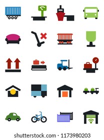 Color and black flat icon set - baggage conveyor vector, airport bus, waiting area, fork loader, larry, luggage scales, bike, railroad, truck trailer, cargo container, car delivery, sea port, heavy