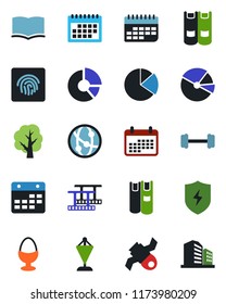 Color and black flat icon set - book vector, pennant, circle chart, tree, barbell, satellite, term, film frame, network, protect, calendar, fingerprint id, pie graph, egg stand, office building