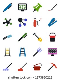 Color and black flat icon set - pen vector, drawing pin, job, farm fork, rake, ladder, bucket, hoe, garden sprayer, monitor pulse, scalpel, share, stapler, knife, steaming pan, social media