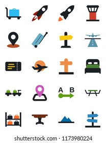 Color and black flat icon set - airport tower vector, runway, suitcase, baggage trolley, ticket, larry, luggage storage, picnic table, signpost, navigation, plane, route, place tag, mountains