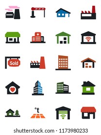 Color and black flat icon set - barrier vector, factory, house, hospital, store, warehouse, office building, with garage, tree, sold signboard, sweet home, city, warm floor, gate control, storefront