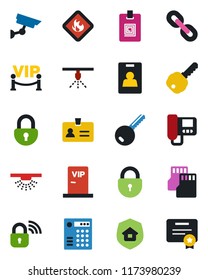 Color and black flat icon set - identity vector, lock, flammable, chain, sd, card, key, estate insurance, vip zone, wireless, intercome, combination, surveillance, sprinkler, certificate