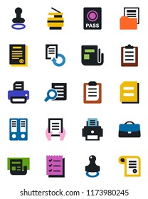 Color and black flat icon set - passport vector, stamp, office binder, document search, reload, printer, news, clipboard, case, folder, checklist, copier, contract
