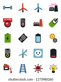 Color and black flat icon set - factory vector, ladder, barbell, remote control, battery, low, rca, windmill, home, socket, alarm led, gear, idea
