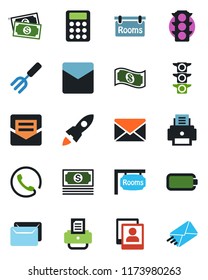 Color and black flat icon set - mail vector, printer, garden fork, cash, traffic light, photo gallery, battery, calculator, rooms, phone, rocket
