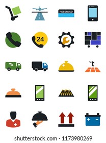 Color and black flat icon set - runway vector, doctor, 24 hours, car delivery, consolidated cargo, up side sign, cell phone, mobile, call, root setup, moving, dish, reserved, reception, waiter