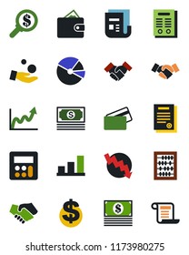 Color and black flat icon set - handshake vector, dollar sign, abacus, crisis graph, cash, news, calculator, bar, pie, contract, credit card, wallet, growth, money search, investment