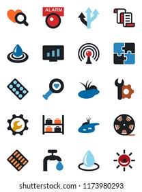Color and black flat icon set - luggage storage vector, contract, statistic monitor, water drop, pond, heart diagnostic, pills blister, route, reel, antenna, application, root setup, supply