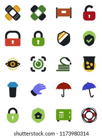 Color and black flat icon set - fence vector, umbrella, trash bin, safe, lock, glove, hose, patch, shield, eye id, estate insurance, water filter, crisis management