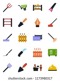 Color and black flat icon set - passport control vector, safe, trowel, farm fork, rake, wheelbarrow, saw, hoe, garden knife, scalpel, cargo container, rack, ink pen, heater, dish