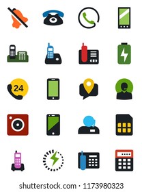 Color and black flat icon set - mobile phone vector, office, 24 hours, tracking, cell, radio, camera, sim, mute, charge, support, combination lock