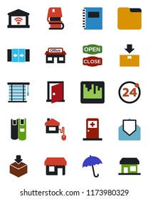Color and black flat icon set - 24 around vector, automatic door, umbrella, medical room, store, package, mail, scanner, folder, copybook, book, open close, home control, jalousie, garage gate