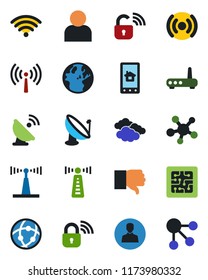 Color and black flat icon set - antenna vector, clouds, satellite, share, finger down, user, network, wireless, chip, lock, router, home control app, earth, social media