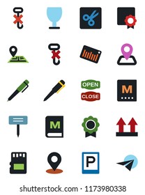 Color and black flat icon set - parking vector, pen, plant label, navigation, fragile, up side sign, no hook, barcode, sd, cut, place tag, sertificate, menu, open close, paper plane