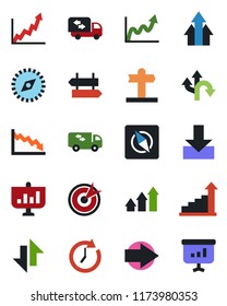 Color and black flat icon set - signpost vector, right arrow, growth statistic, route, data exchange, download, compass, moving, target, up graph, clock, crisis, presentation