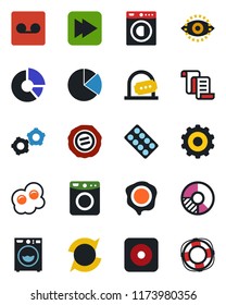 Color and black flat icon set - ticket office vector, gear, contract, circle chart, stamp, pills blister, fast forward, rec button, record, eye id, update, pie graph, washer, omelette