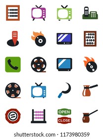 Color and black flat icon set - tv vector, abacus, stamp, sickle, plant label, reel, flame disk, call, office phone, open close, turkish coffee