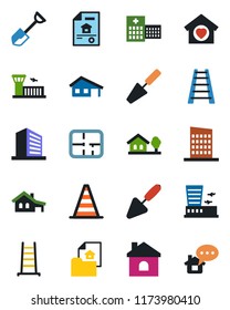Color and black flat icon set - border cone vector, airport building, office, trowel, shovel, ladder, house, hospital, with garage, tree, plan, estate document, sweet home, city, message