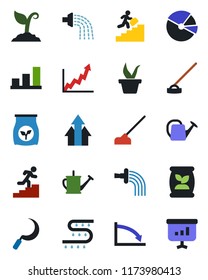 Color and black flat icon set - seedling vector, watering can, sproute, hoe, sickle, fertilizer, drip irrigation, bar graph, pie, career ladder, arrow up, growth, crisis, presentation