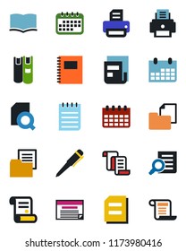 Color and black flat icon set - contract vector, book, document search, pen, notepad, calendar, printer, folder, copybook, news, schedule