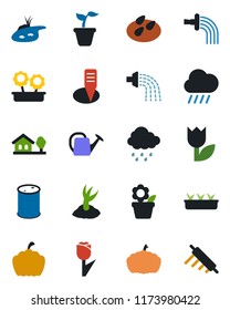 Color and black flat icon set - flower in pot vector, seedling, watering can, sproute, rain, plant label, pumpkin, seeds, tulip, oil barrel, house with tree, pond, rolling pin