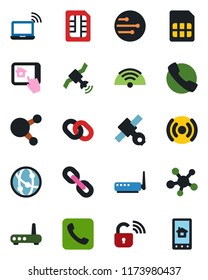 Color and black flat icon set - wireless notebook vector, satellite, network, share, chain, call, sim, lock, router, home control app